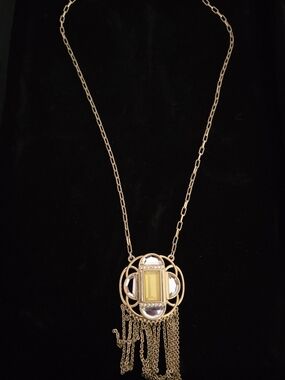 Lia Sophia Statement Necklace – Gold Tone Fringe Pendant with Faceted Crystals